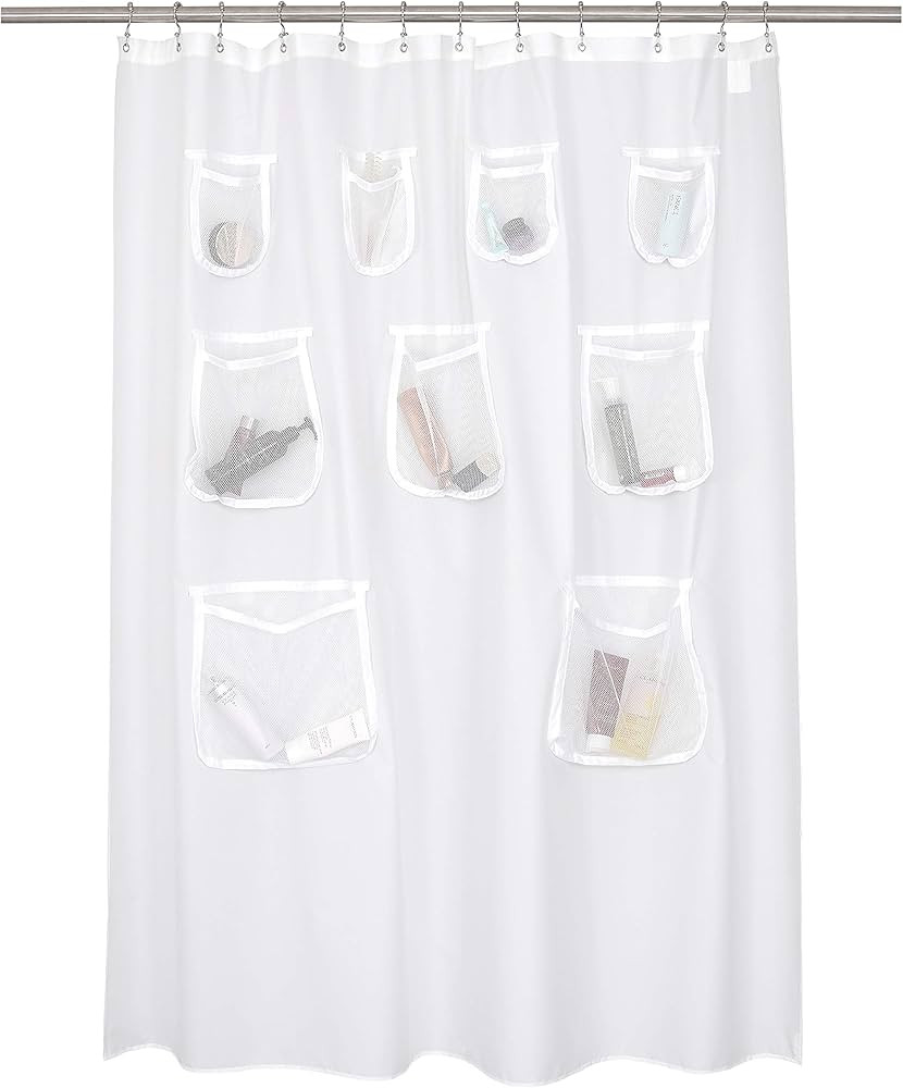N&Y HOME Water Repellent Fabric Shower Curtain or Liner with 9 Mesh Pockets - White, 71x72 Inches | Amazon (US)