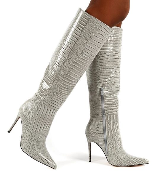 Public Desire Aimi knee boots in gray croc | ASOS (Global)