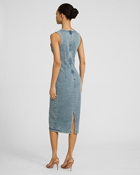 Denim Crew Neck Sleeveless Midi Sheath Dress | Express