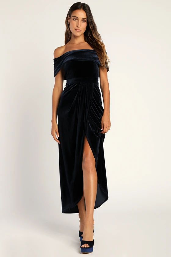 I'm Enchanted Navy Blue Velvet Off-the-Shoulder Maxi Dress | Lulus (US)