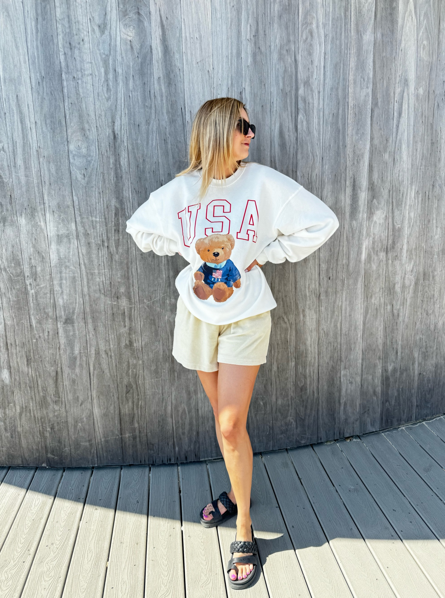 Totally ready to celebrate Memorial Day with my USA bear graphic sweatshirt.

White sweatshirt • loose shorts • black sandals • platform sandals • beach wear • summer outfit • Target style • patriotic wear 

#LTKStyleTip #LTKSeasonal #LTKFindsUnder50