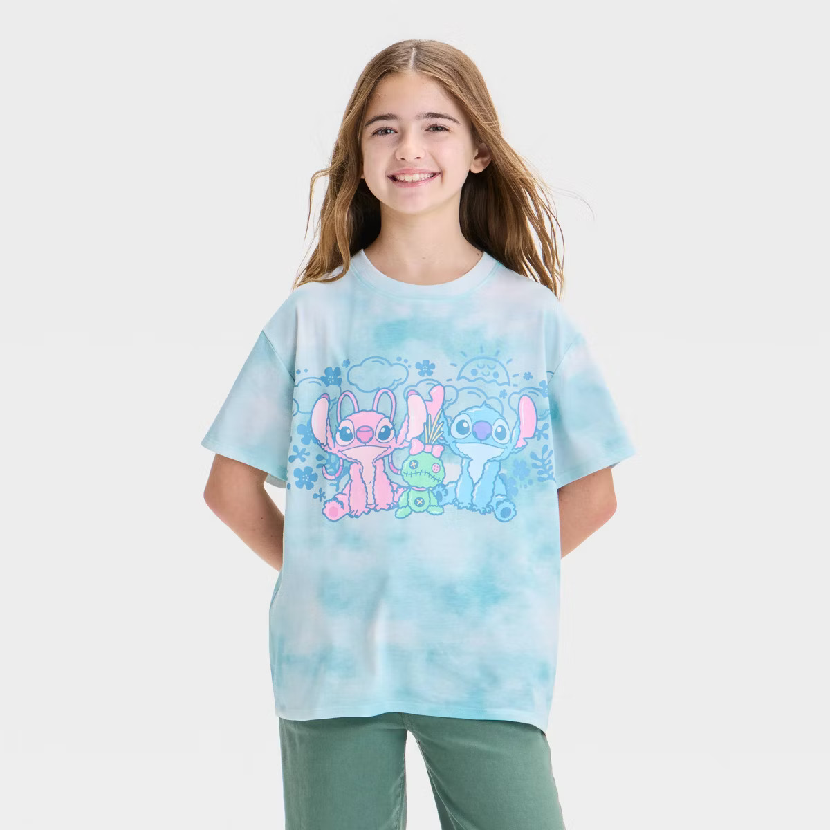 Girls' Stitch and Angel Oversized Short Sleeve Graphic T-Shirt - Blue | Target
