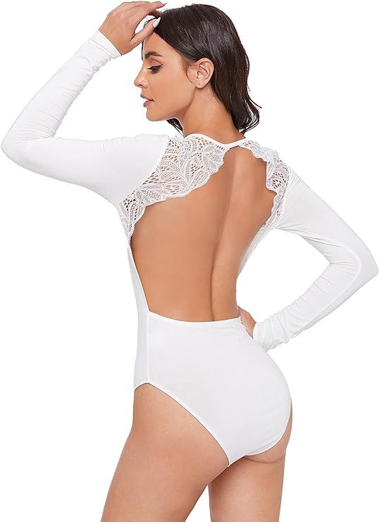 DIDK Women's Sexy Backless Lace Appliques Long Sleeve Bodysuit | Amazon (US)