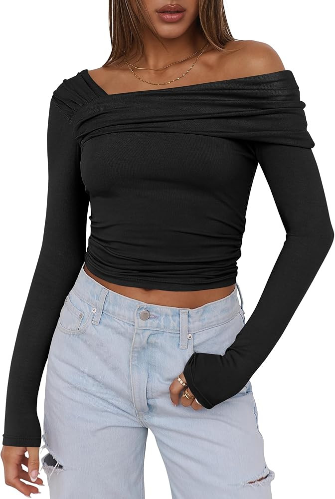 ANRABESS Womens One Off Shoulder Shirts Long Sleeve Going Out Crop Tops Ruched Tight Casual Blous... | Amazon (US)