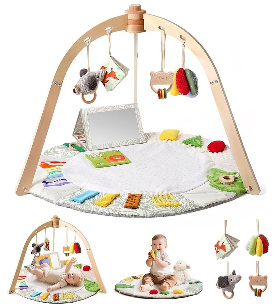 Wooden Baby Play Gym & Tummy Time Playmat – Montessori Sensory Activity Mat with 6 Developmenta... | Amazon (US)