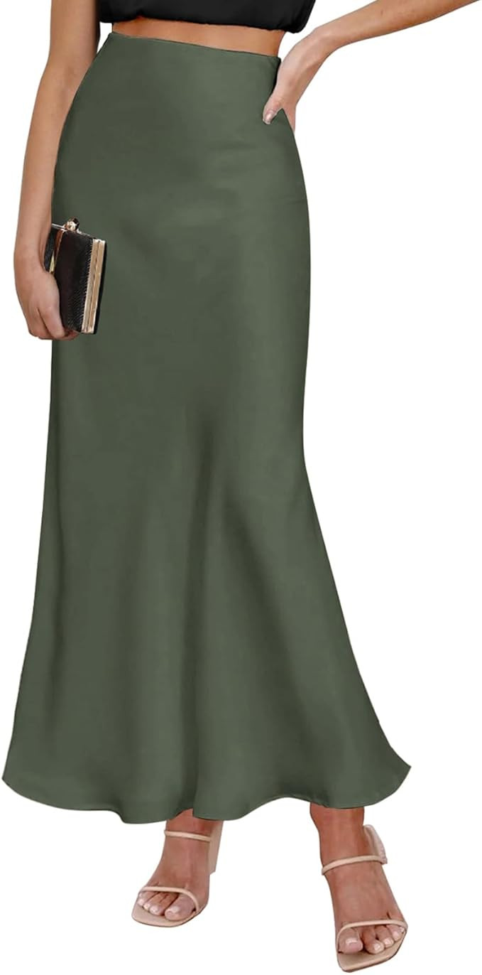 Satin Maxi Skirt Elastic High Waisted Silk A-Line Casual Elegant Flowy Long Skirts for Women | Amazon (US)