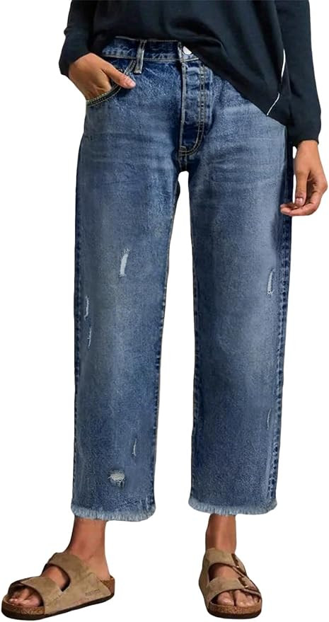 EVALESS Wide Leg Jeans for Women Stretchy Distressed Washed Straight Leg Loose Frayed Raw Hem Den... | Amazon (US)