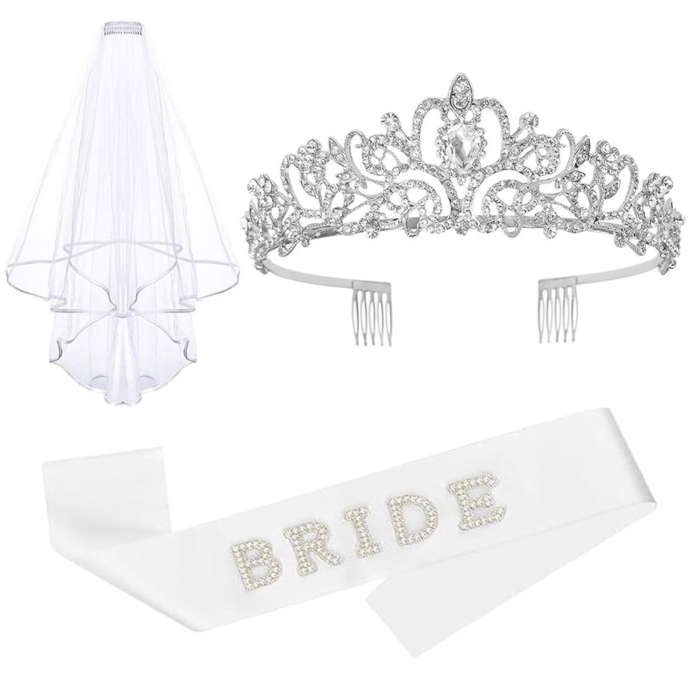 CUBACO 3PCS Bachelorette Party Decorations for Wedding Gifts, Silver Crown+Wedding Veil+Bride Sas... | Amazon (US)