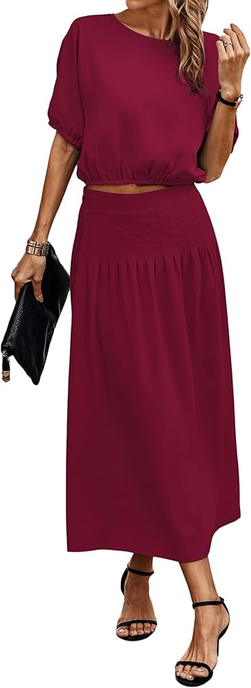 ECOWISH Women's Dresses 2023 Two Piece Outfits for Women Summer 2 Piece Dress Pleated Midi Skirt ... | Amazon (US)