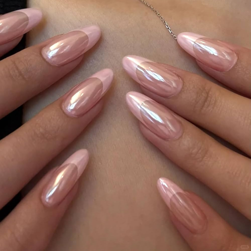 Pink Chrome French Press on Nails Medium Almond, 24Pcs Pink Aurora French Tips with Iridescent Sh... | Amazon (US)