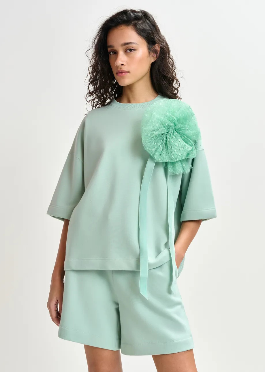 Turquoise sweatshirt with removable mesh brooch | Essentiel Antwerp United States | Essentiel Antwerp