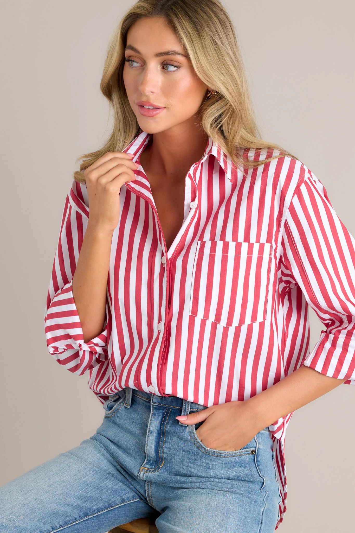 Your Go-To Red Stripe Button Front Top | Red Dress