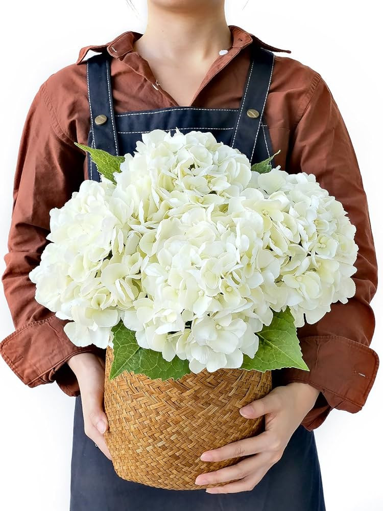 4PCS White/Cream Hydrangea Artificial Flowers, 21" Lifelike Latex Silk Real Touch Faux Hydrangea ... | Amazon (US)