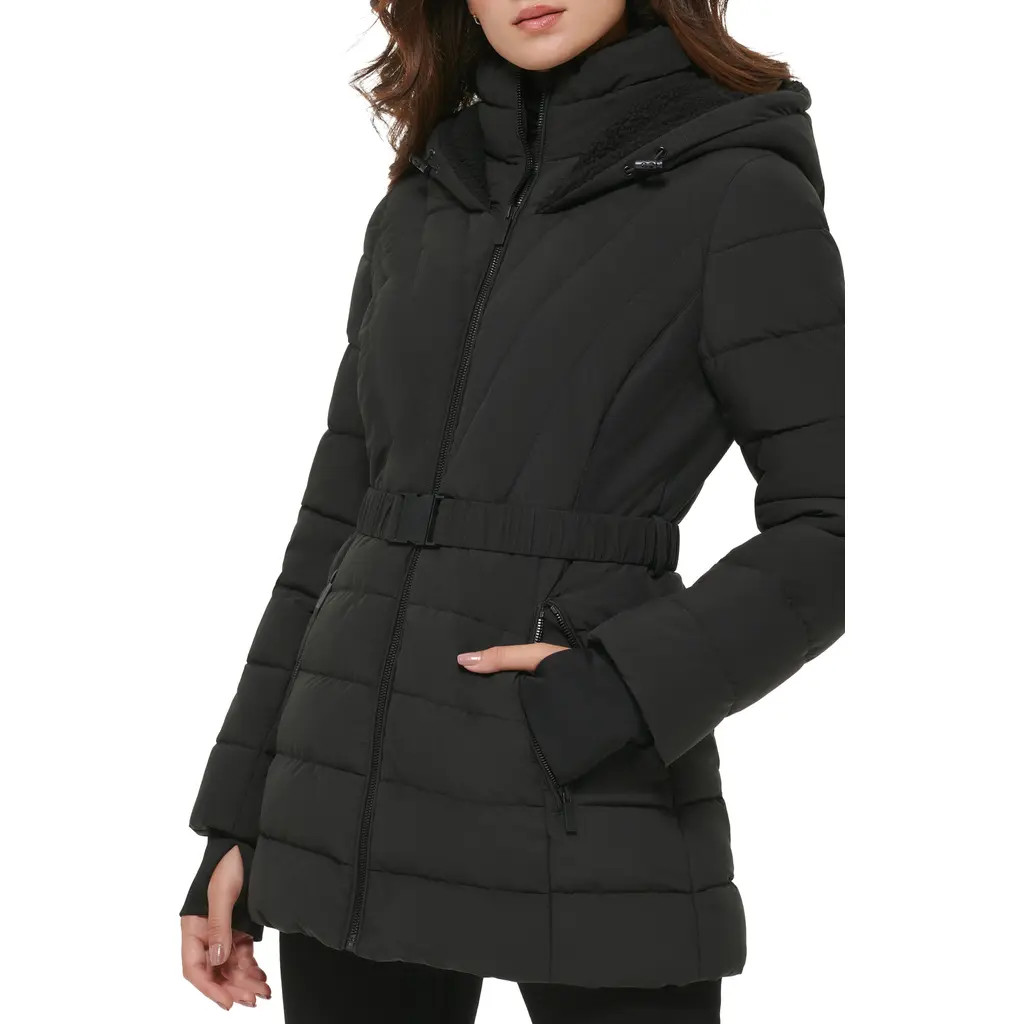 Kenneth Cole New York Berber Belted Stretch Water Resistant Hooded Puffer Jacket in Black at Nordstrom Rack, Size Medium | Nordstrom Rack