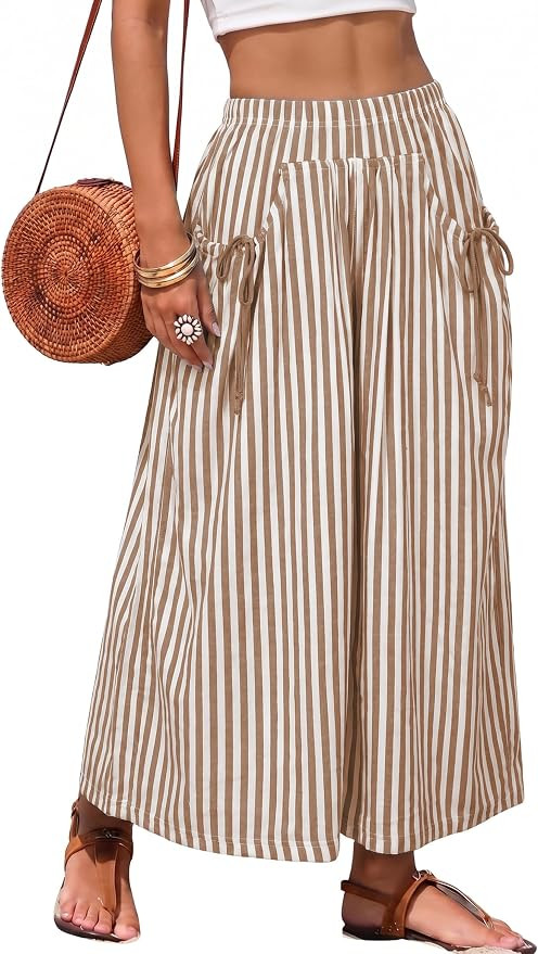 Athlisan Womens Striped Wide Leg Palazzo Pants Baggy Elastic Waist Lounge Trousers Beach Vacation... | Amazon (US)
