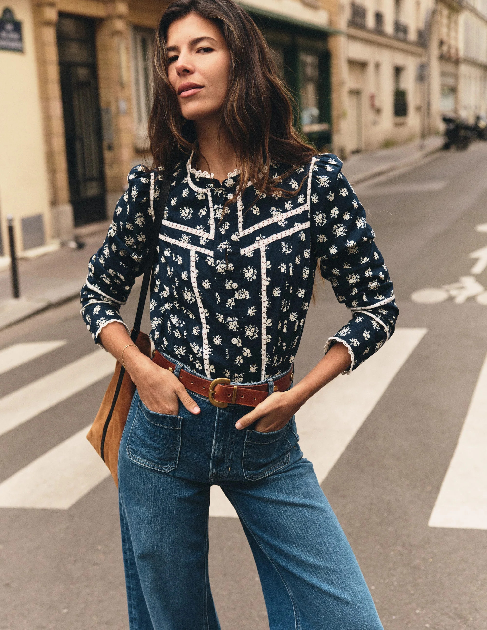 Carmen Trim Detail Top-French Navy, Delicate Garden | Boden (US)