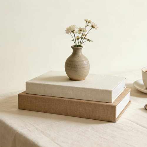 Decorative Books Set of 2 Linen Fabric Faux Storage Fake Book Boxes Coffee Table Books Decor Aesthetic for Home Office Entryway Bookshelf Mantel Decoration Photo Storage Box (Khaki and White) | Amazon (US)