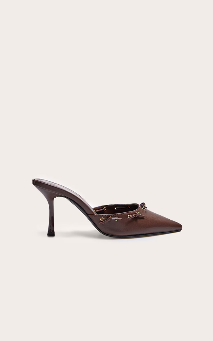 Chocolate Pu Point Toe Bow Mid Stiletto Heeled Court Mules | PrettyLittleThing US
