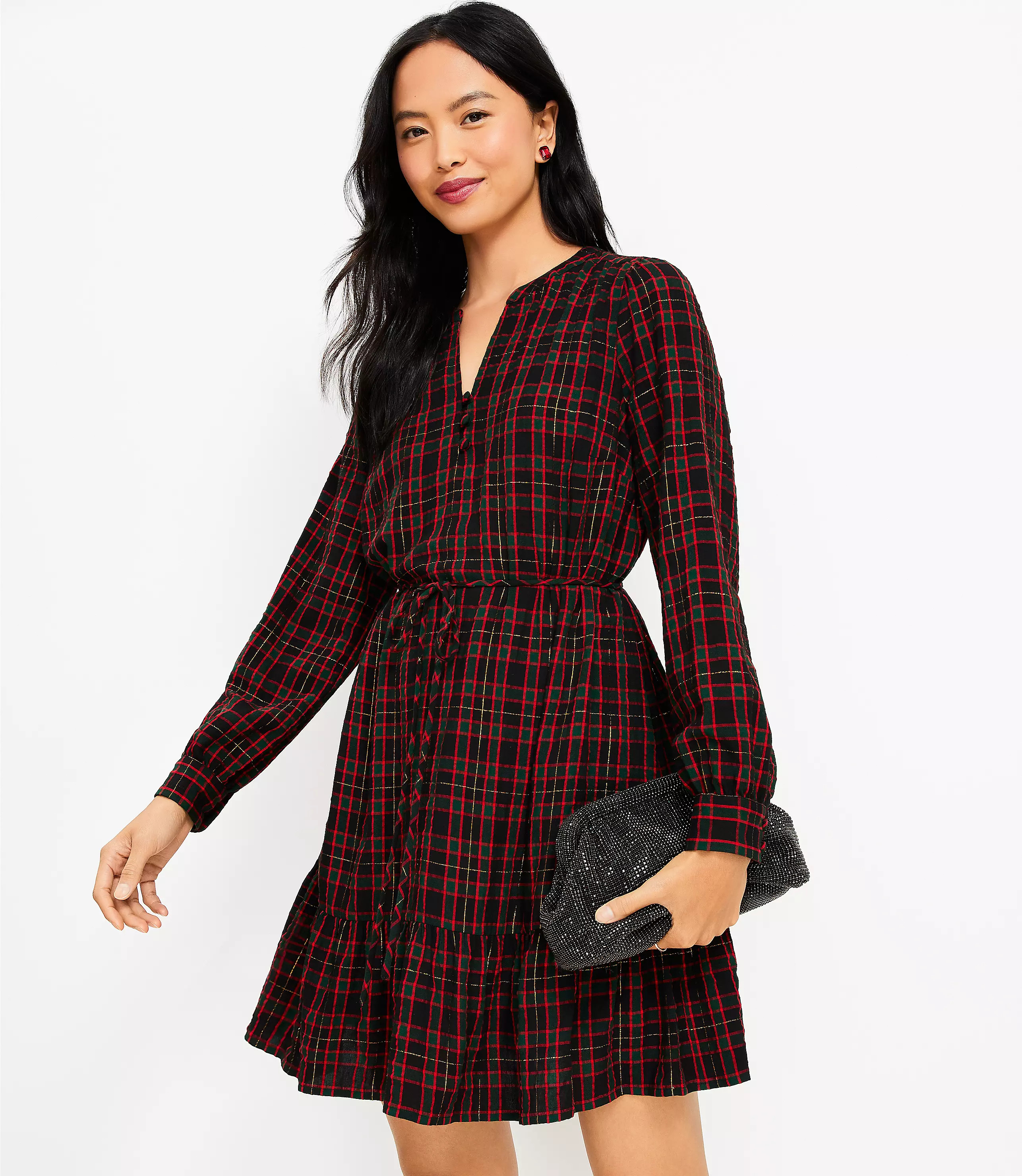 Shimmer Plaid Flounce Swing Dress | LOFT
