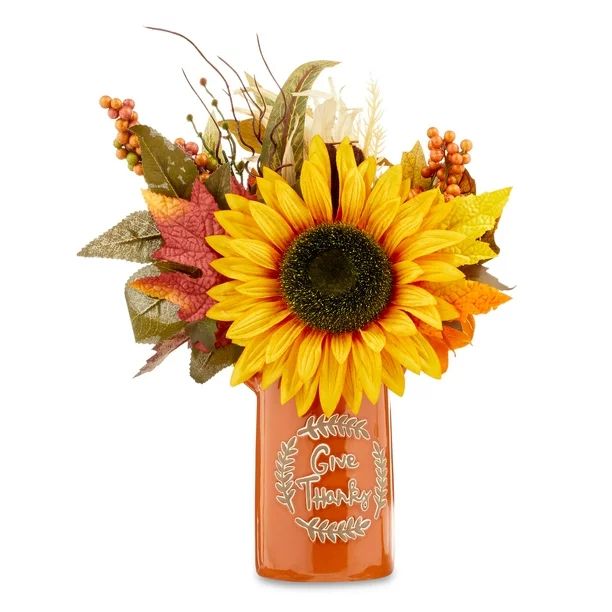 Harvest Yellow Sunflower Arrangement Decoration in Orange Ceramic Pot, 16 in, by Way To Celebrate | Walmart (US)