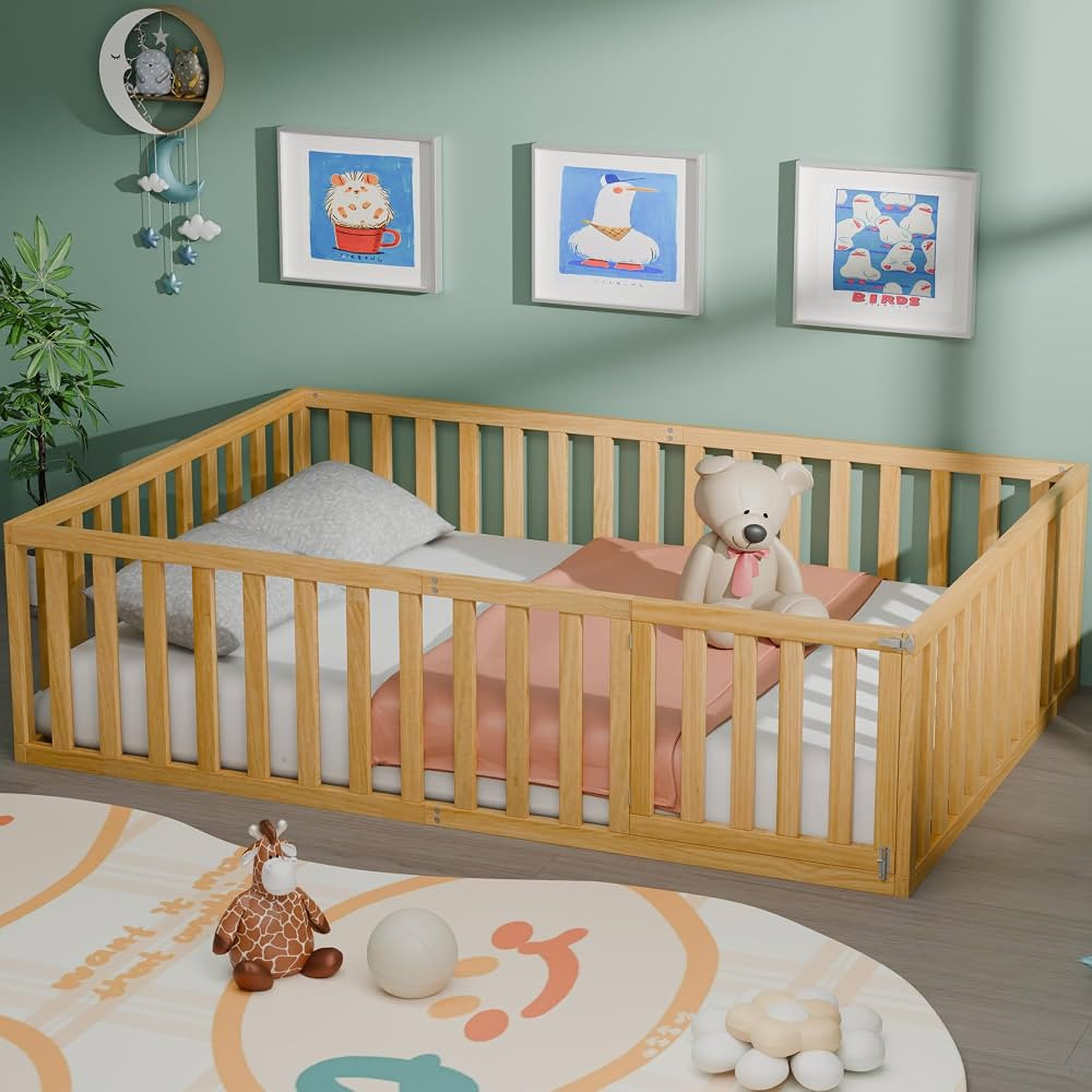 Full Size Floor Bed for Kids, Wood Montessori Floor Beds with Guardrails & Detachable Door, Multi... | Amazon (US)