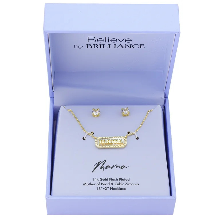 Believe by Brilliance Women's 14Kt Gold Flash Plated Mother of Pearl Mama Necklace and Cubic Zirc... | Walmart (US)