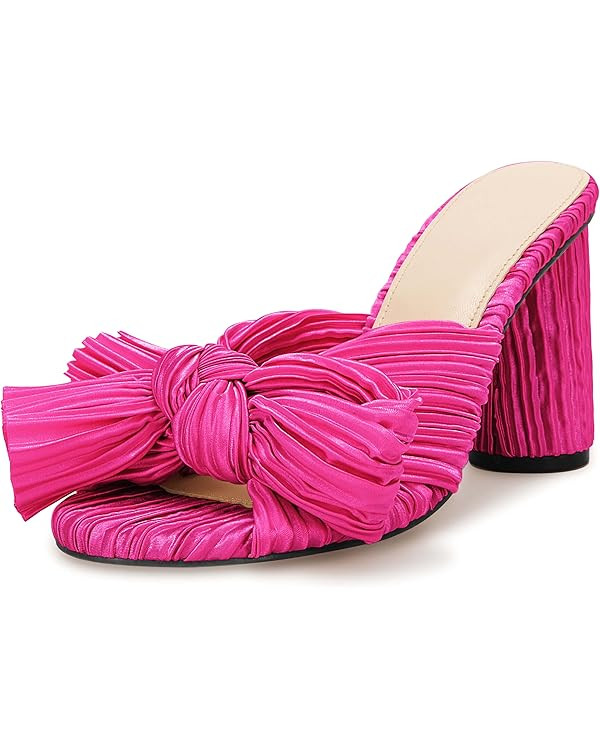 VETASTE Women's Pleated Bow Knot Heeled Sandals Comfortable Slip On Open Toe Block Chunky Heel Sl... | Amazon (US)