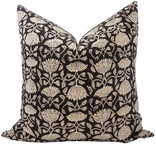 AMARI || Floral Block Print Pillow Cover Black and Tan Floral Fall Pillow Modern Farmhouse Cottag... | Amazon (US)