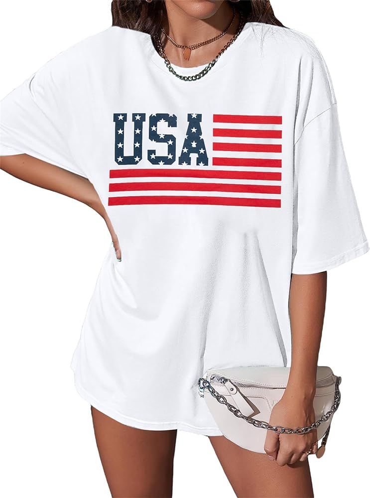 USA Flag Shirts Patriotic T-Shirt: Women July 4th American Tops Oversized Star Stripes Tees Red W... | Amazon (US)