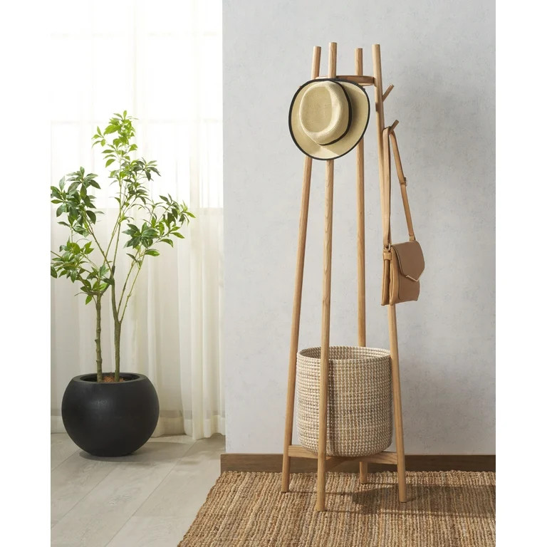 SAFAVIEH Couture Abellina Glam Cylinder Oak Coat & Hat Stand with Basket, Natural | Walmart (US)