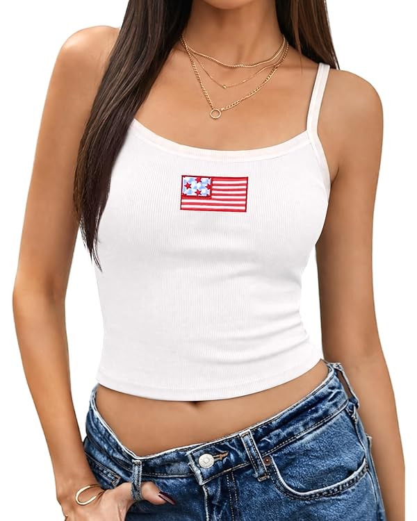 Women's 4th of July Embroidery Tank Top Adjustable Spaghetti Strap Y2k American Flag Crop Top XS ... | Amazon (US)