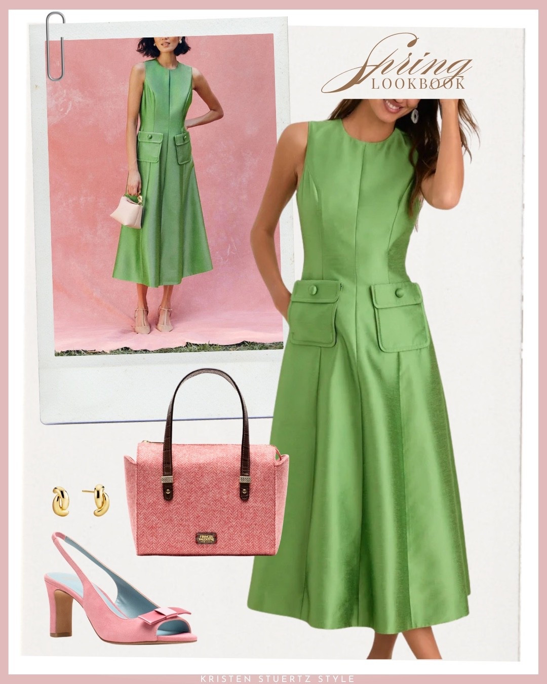 A beautiful spring green dress! A satin midi dress paired with a pink tote bag, Frances Valentine heels, and gold jewelry.

#date night outfits #spring outfits 2026 #spring dresses #easter dress women #ltkshoecrush 
@ltk 
@Tuckernuck 

#LTKootd #LTKTall #LTKOver40