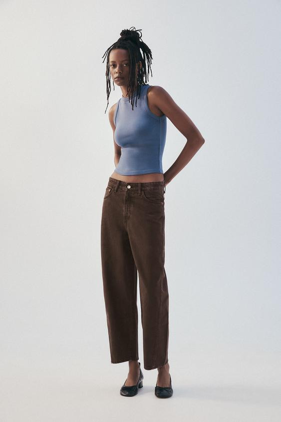Zara - Trf Voluminous Mid-Waist Crop Jeans - Brown - Eu 46 (Au 18) - Woman | Zara AU