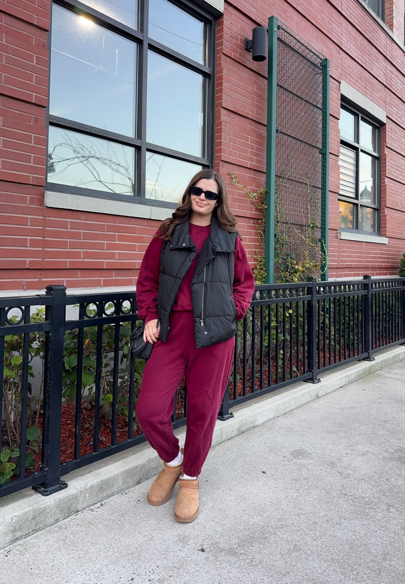 Catch me in a matching sweat set on cozy days that I’m working from home this fall. I love this burgundy one from The Gap that I got last season and I linked a similar one. I also threw on this black puffer vest which is always one of my most-worn items during the fall season. This outfit would not be complete without the Ugg Ultra Mini boots in chestnut which are the coziest shoes I own by a long shot. 