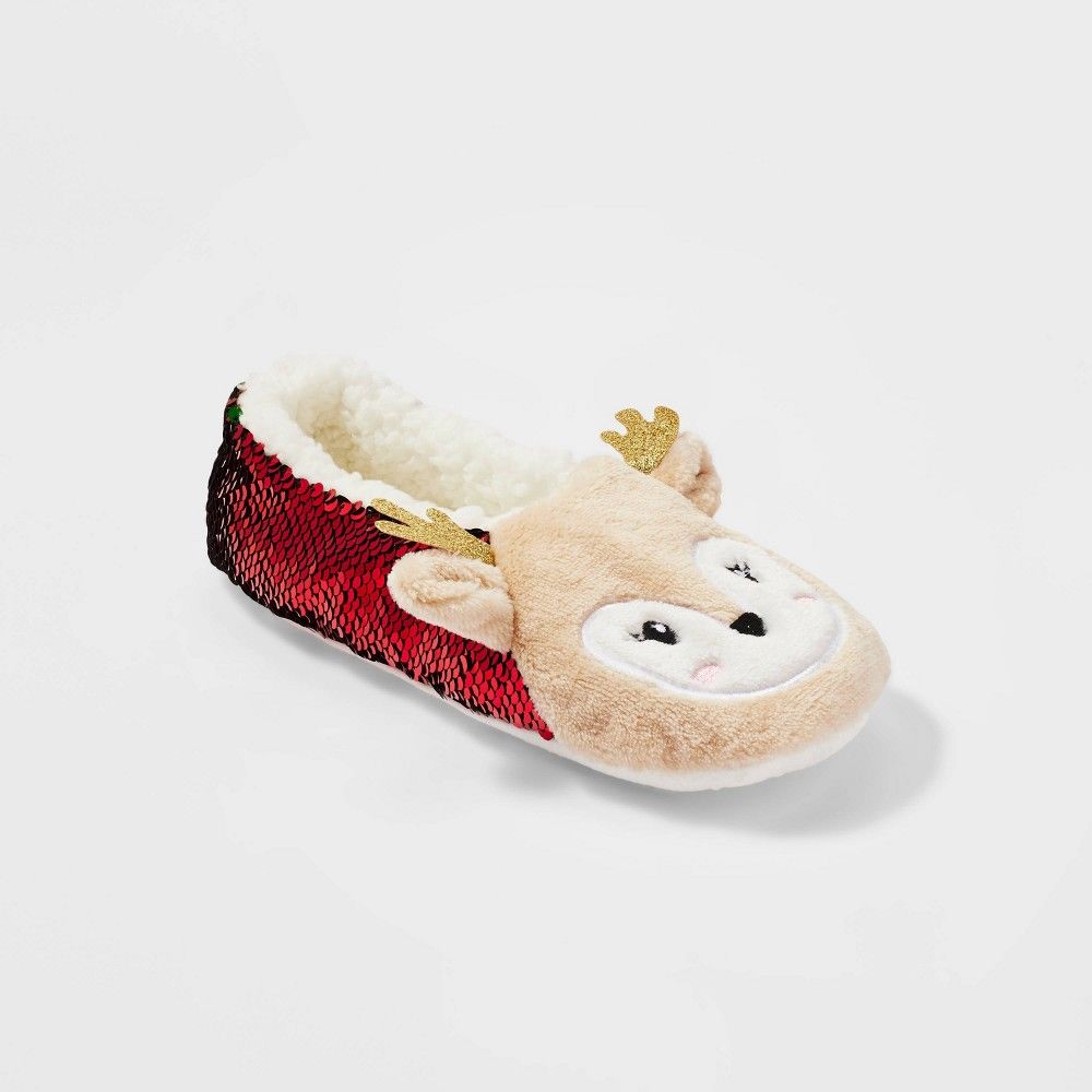 Women's Reindeer Flip Sequins Holiday Pull-On Slipper Socks - Wondershop Red/Green M/L | Target