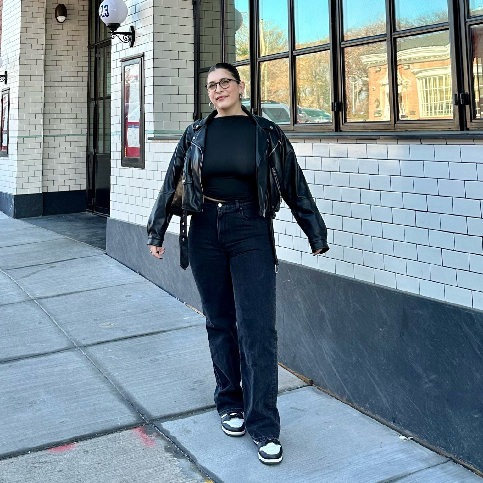 Sunday Funday brunch outfit in all black. Went casual with sneakers but the oversized leather jacket made the fit  

#LTKmidsize