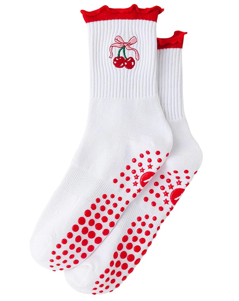 Yawlsow Cute Pilates Grip Socks for Women Ruffle Frilly Yoga Socks Non Slip Cotton Crew Grippy So... | Amazon (US)