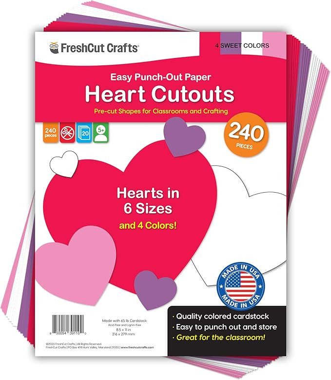 FreshCut Crafts 240 Pieces Heart Paper Cutouts, 2-Sided US Made Card Stock Punch Out Sweet Colore... | Amazon (US)