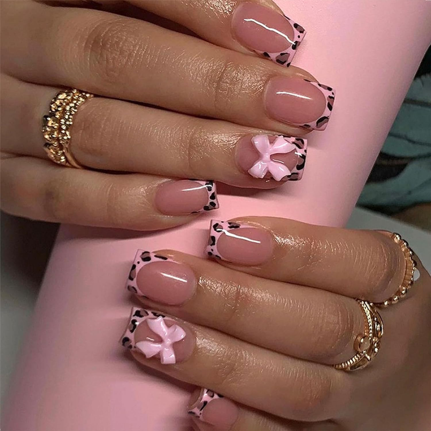 Pink French Tip Press on Nails Short Square Leopard Fake Nails with Bow Charms Design Cheetah Glo... | Amazon (US)