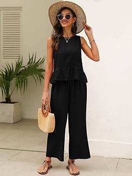 AUTOMET Women's Summer 2 Piece Outfits Linen Crop Tank Top Lounge Matching Sets & Long Pants Trac... | Amazon (US)