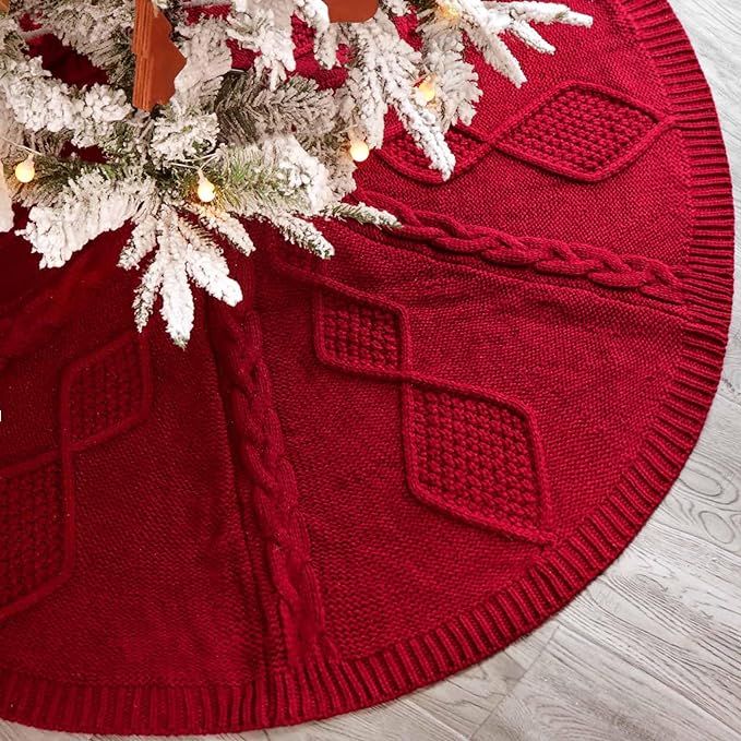LimBridge Knitted Christmas Tree Skirt: 48 Inches Wine Red Tree Skirt, Diamond Braided Cable Knit... | Amazon (US)
