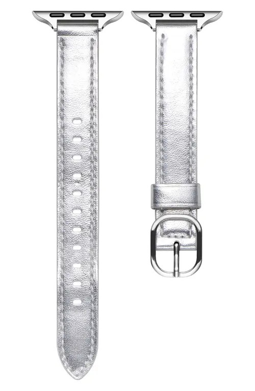 Posh Tech Carmen Skinny Metallic Leather Apple Watch® Watchband in Silver at Nordstrom | Nordstrom