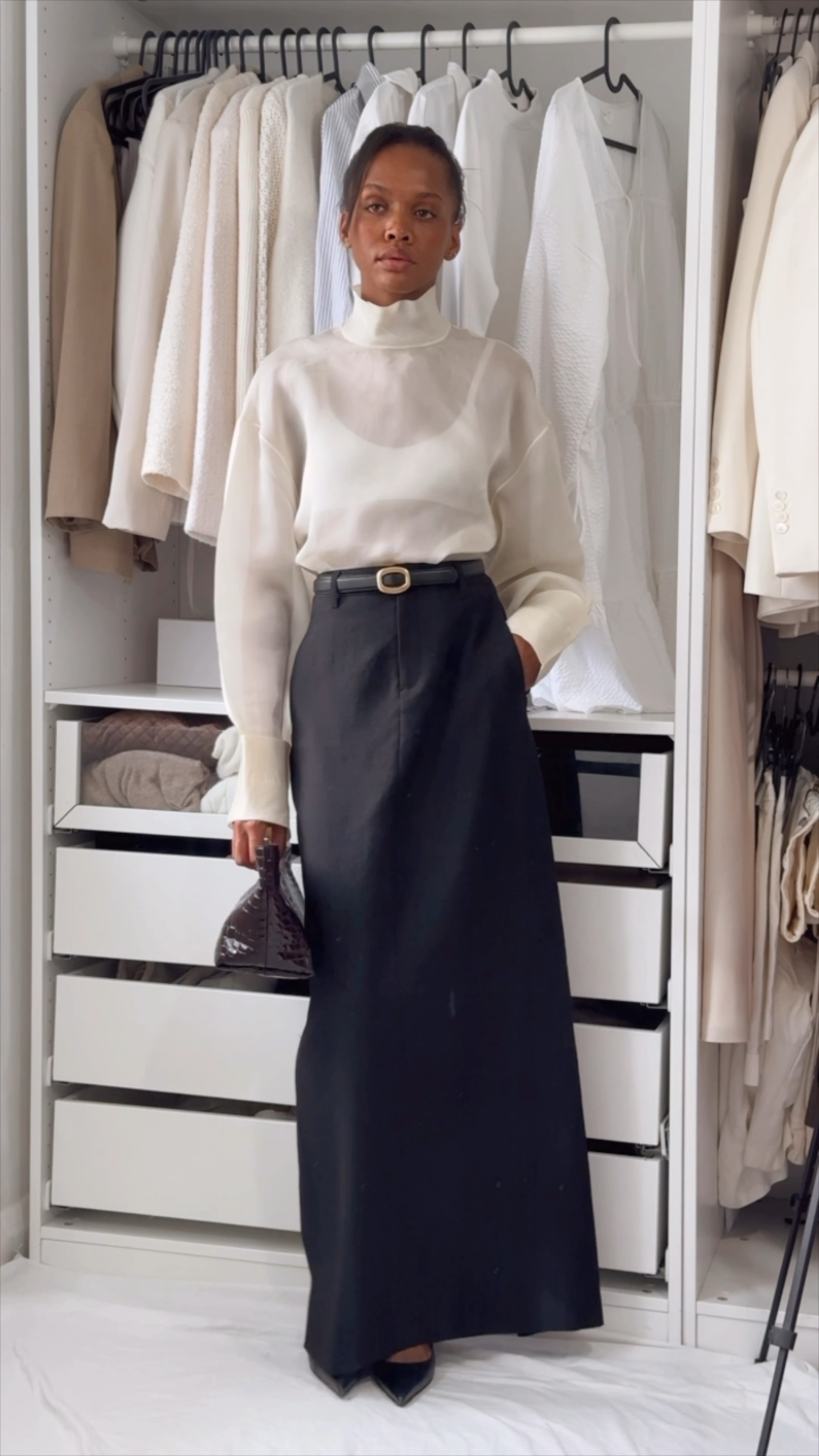 Simple outfit, Arket, net a porter, Camilla & Marc, H&M, high street meets high end, black and white outfit, wool maxi skirt, black heels 

#LTKstyletip #LTKuk #LTKsummer