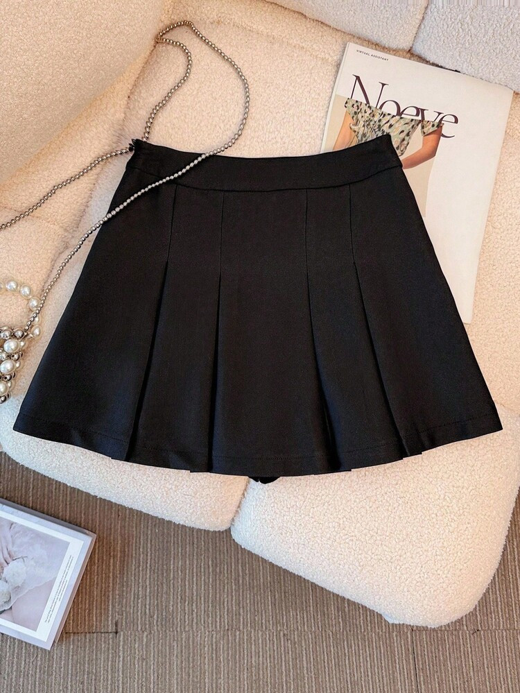Franclia Casual Solid Color Pleated Mini Skirt, Summer | SHEIN