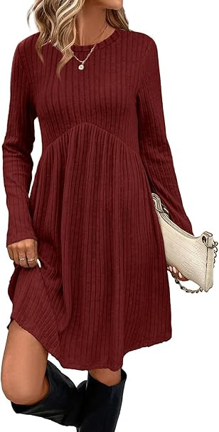 OFEEFAN Long Sleeve Dress for Women Crew Neck Empire Waist Tunic Dress with Pockets | Amazon (US)