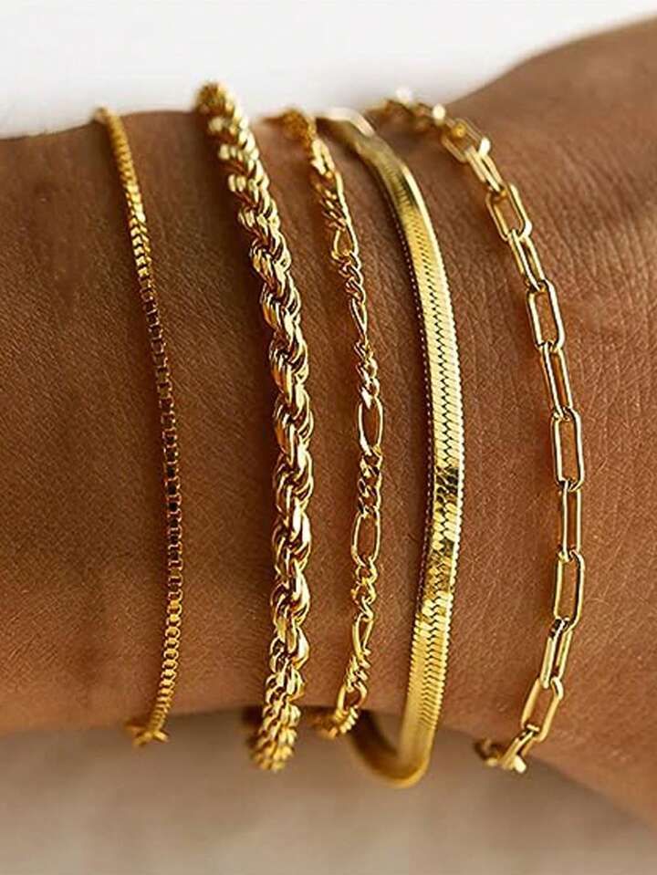 5pcs New 18k Gold Plated Stainless Steel Women's Layered Bracelets Set, Various Combinations, Del... | SHEIN