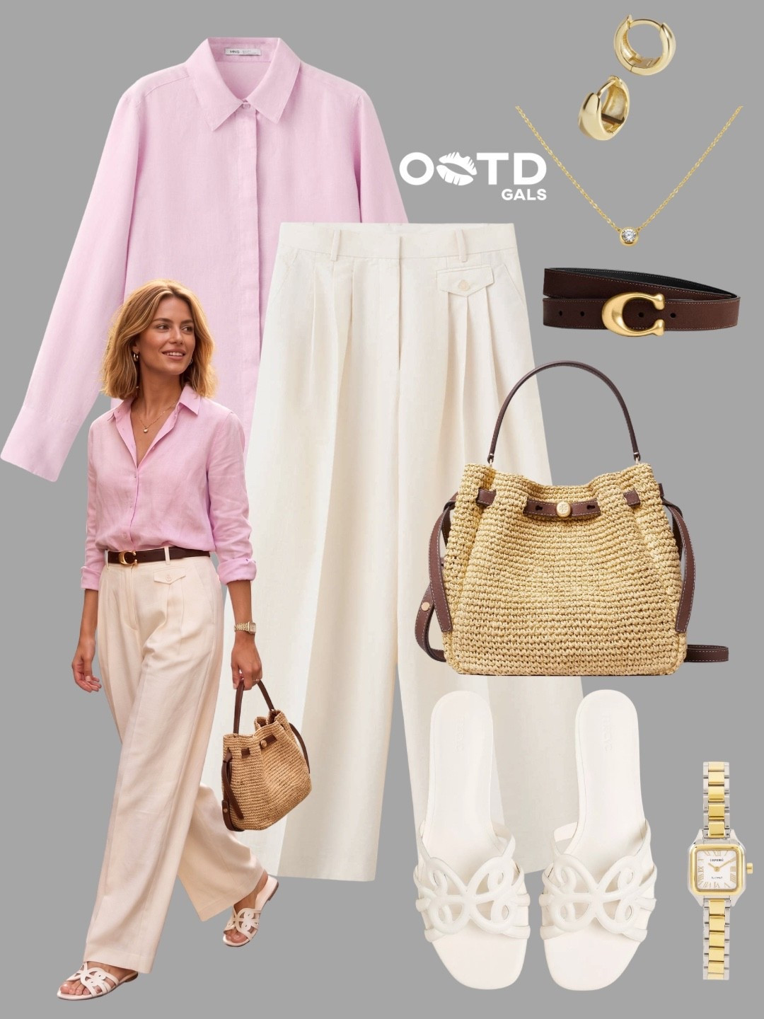 Soft pink and creamy neutrals always create the prettiest elegant summer combination 🌸✨

This outfit feels feminine, polished, and relaxed all at the same time.

✨ Style Details:
• Light pink linen shirt adding a fresh airy touch  
• Cream wide leg trousers creating an effortlessly chic silhouette  
• White statement sandals for a clean sophisticated finish  
• Woven raffia handbag with brown leather accents bringing texture and warmth  
• Delicate gold jewelry keeping the look refined and minimal  
• Structured brown belt tying all the tones together beautifully  

The pastel pink paired with warm cream and natural woven textures gives this outfit such a classy vacation-ready feel ☀️

Perfect for brunch dates, summer city walks, vacations, or elegant everyday wear.

#LTKsummer #LTKeurope #LTKstyletip