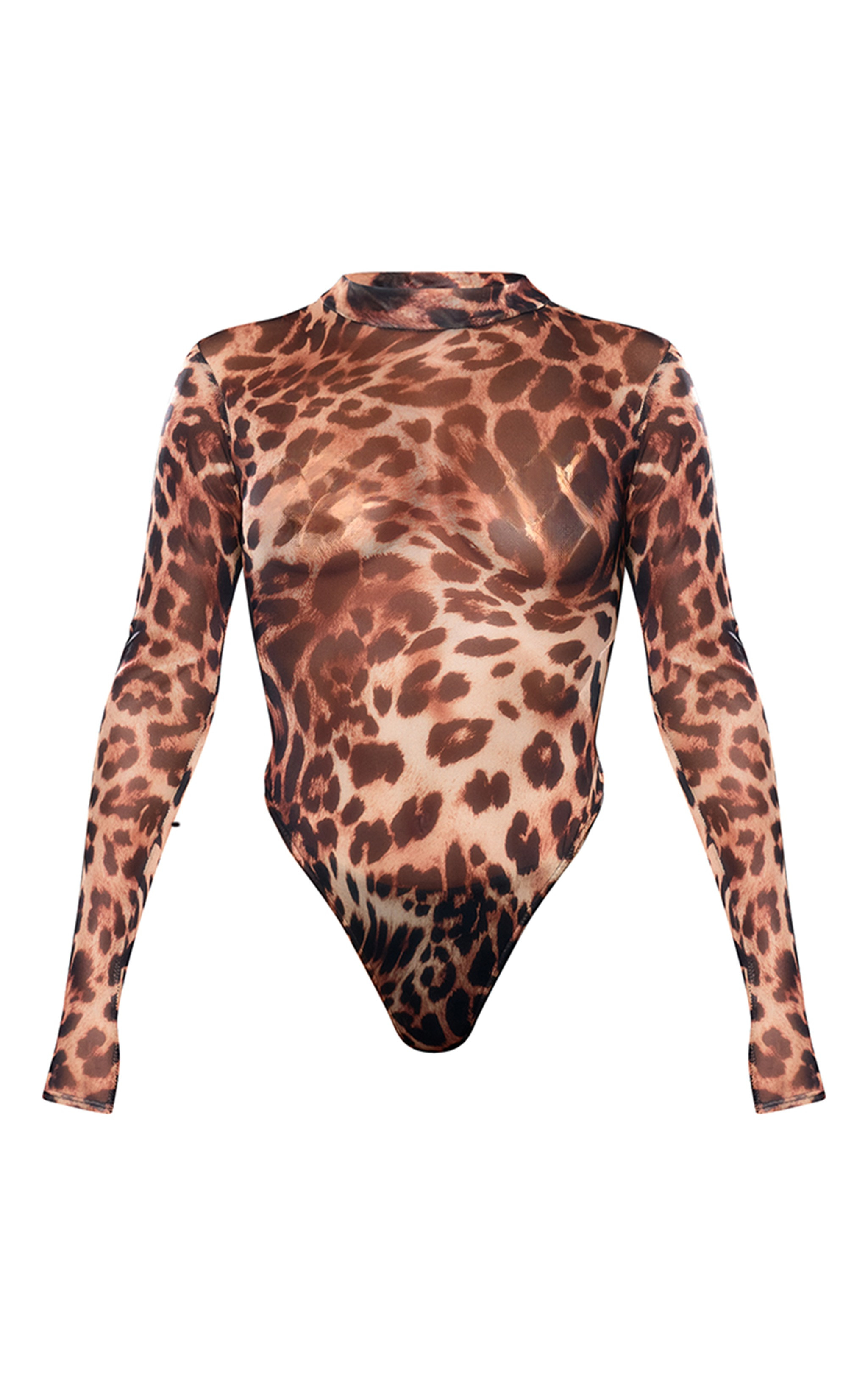 Brown Leopard Print Mesh High Neck Bodysuit | PrettyLittleThing US