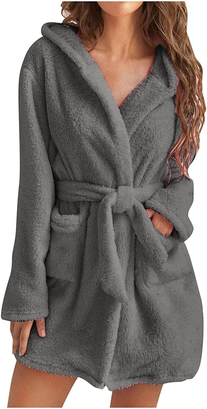 Robes for Women Hooded Bathrobe Lightweight Fleece Cozy Warm Sleepwear Nightgowns Kimono Robe wit... | Amazon (US)