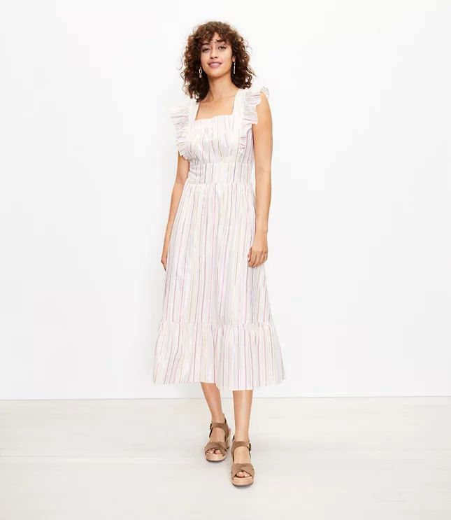 Shimmer Stripe Ruffle Cutout Back Midi Dress | LOFT
